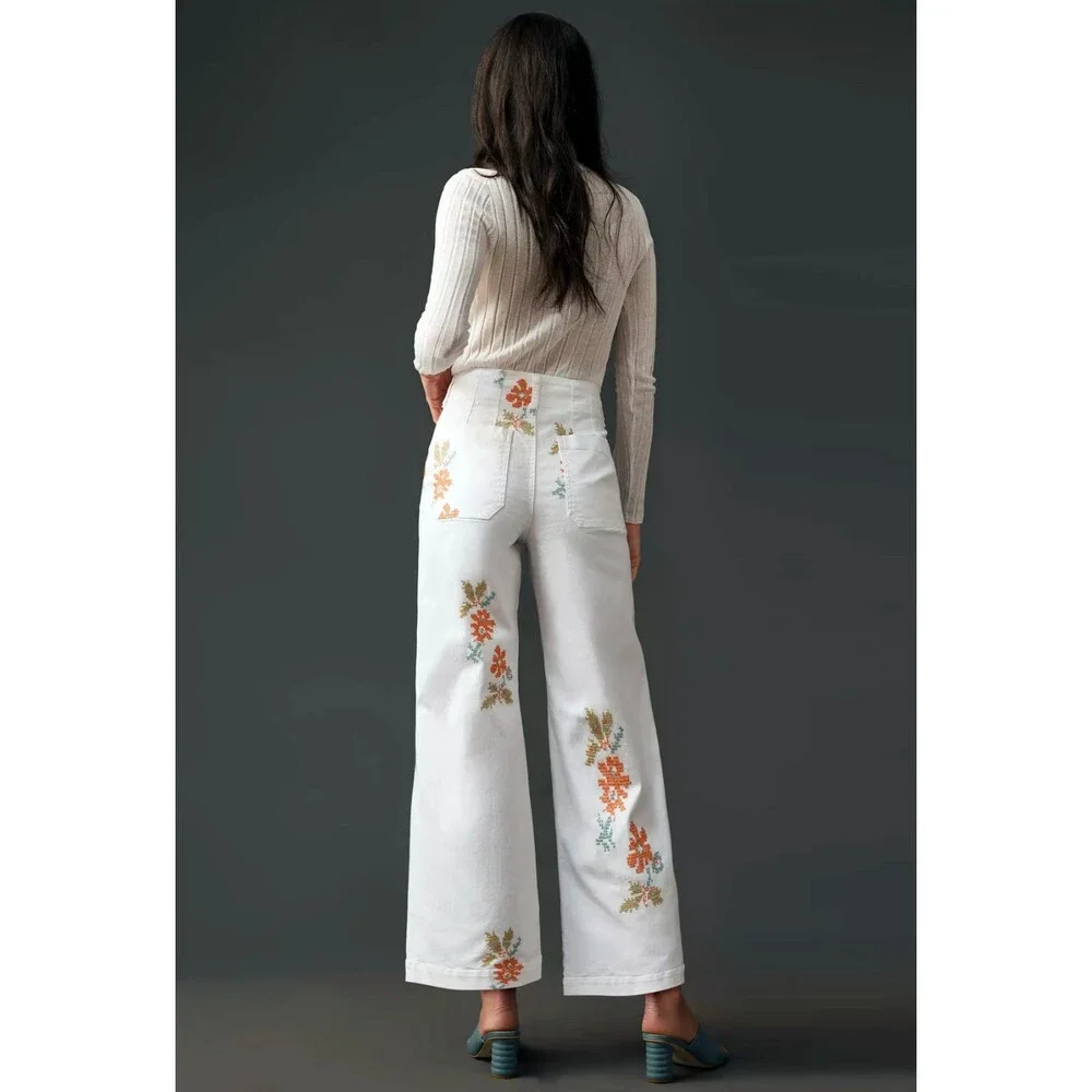 Maeve Anthropologie Colette Jeans 30 White Floral Embroidered Crop Wide Leg Boho